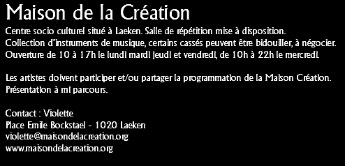Maison de la Création
Centre socio culturel situé à Laeken. Salle de répétition mise à disposition.
Collection d’instruments de musique, certains cassés peuvent être bidouiller, à négocier.
Ouverture de 10 à 17h le lundi mardi jeudi et vendredi, de 10h à 22h le mercredi. Les artistes doivent participer et/ou partager la programmation de la Maison Création.
Présentation à mi parcours. Contact : Violette
Place Emile Bockstael - 1020 Laeken
violette@maisondelacreation.org
www.maisondelacreation.org
